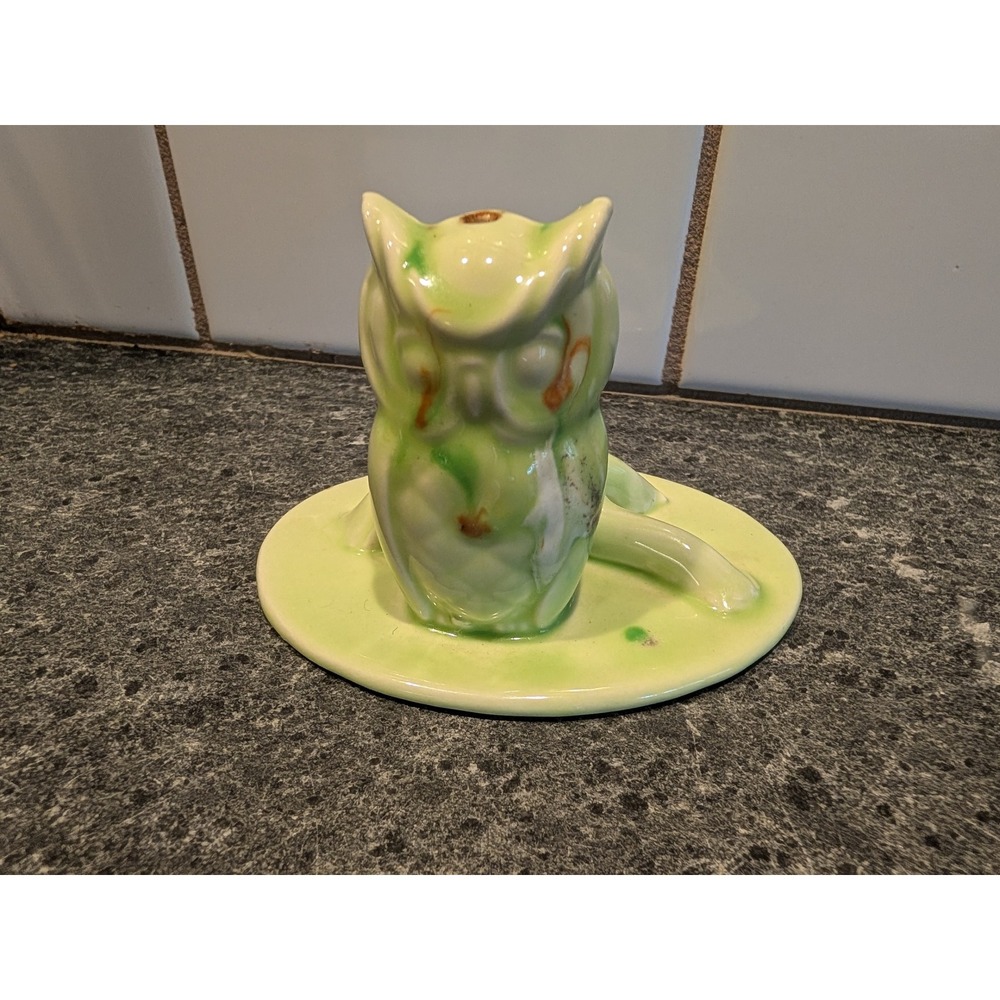 Vintage MCM Owl Ceramic Figurine Incense Burner Holder Pastel Green